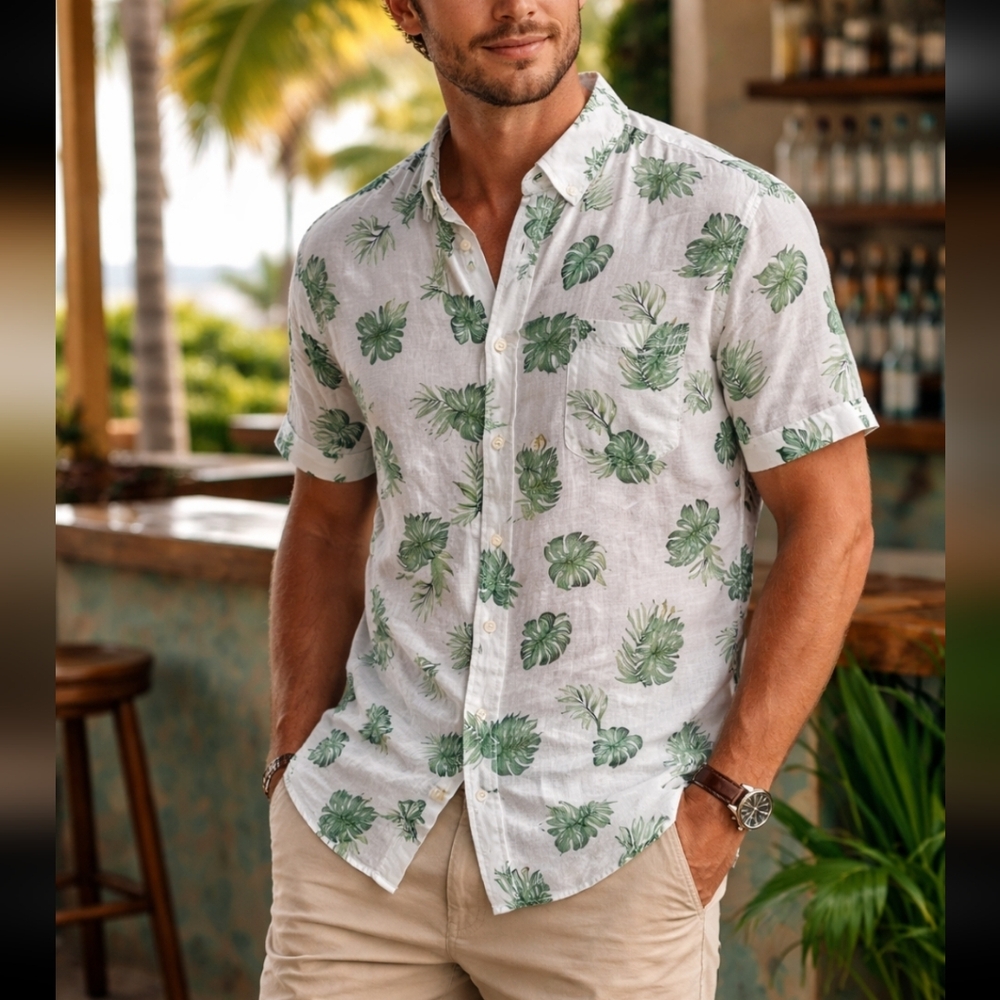 Men’s 100% Linen Tropical Leaf Button Down Shirt Resort Vacation White Green XL